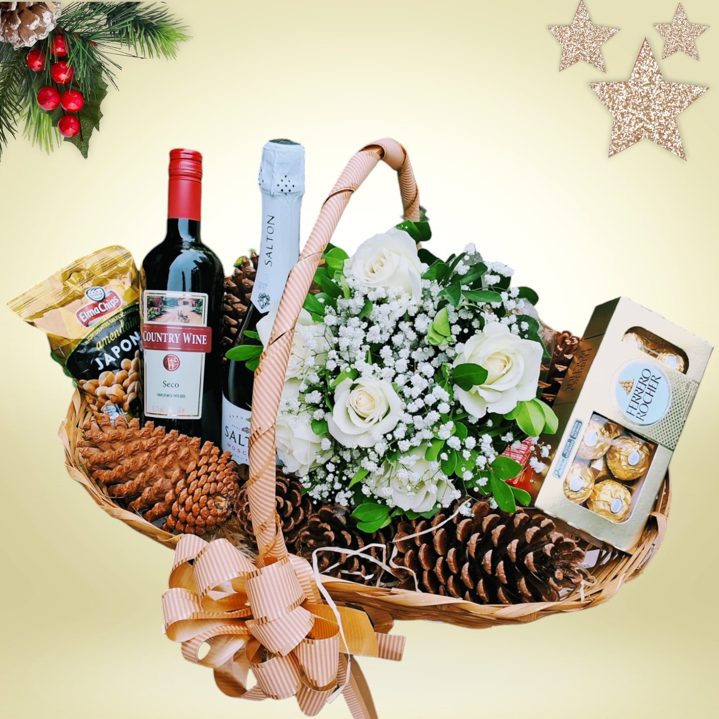 Cesta Premium c/ Rosas. Vinho e chocolate