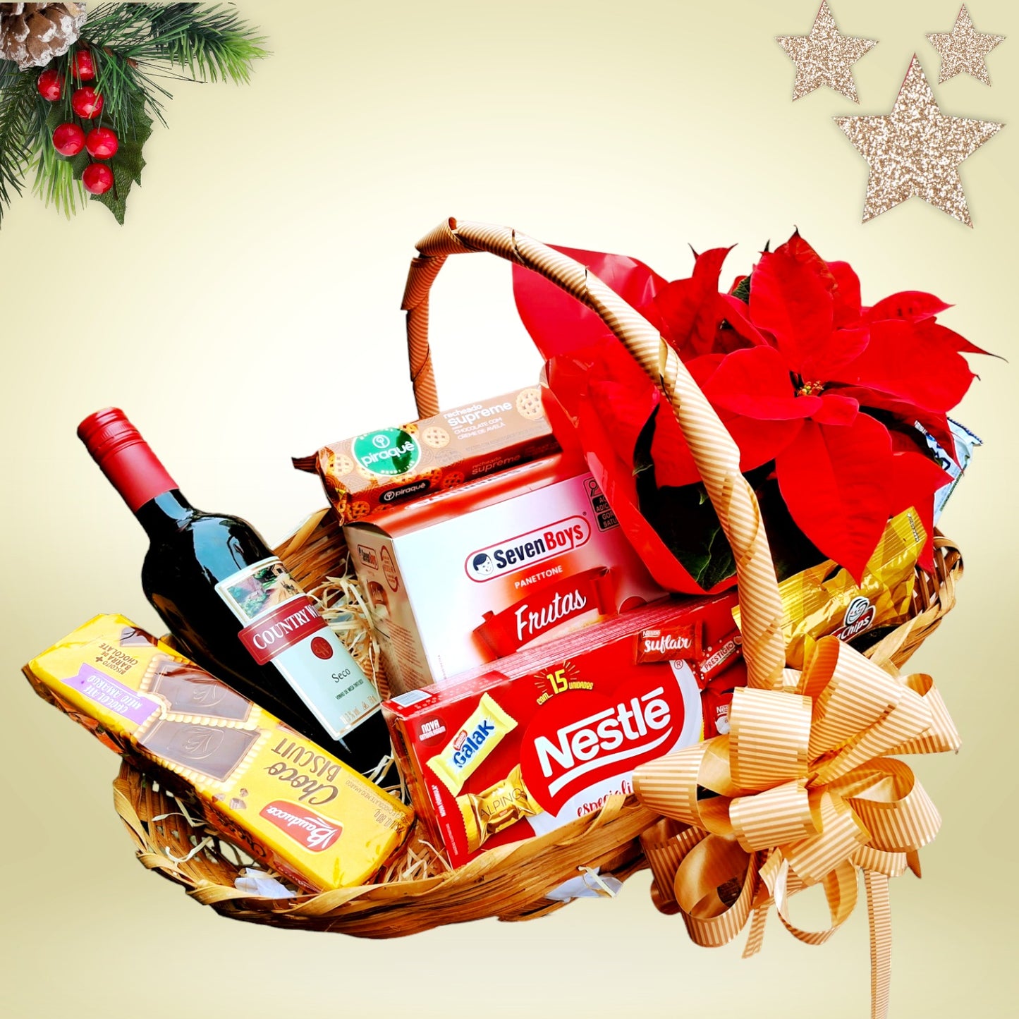 Cesta de natal c/ vinho, flores, panettone, chocolates e biscoitos.