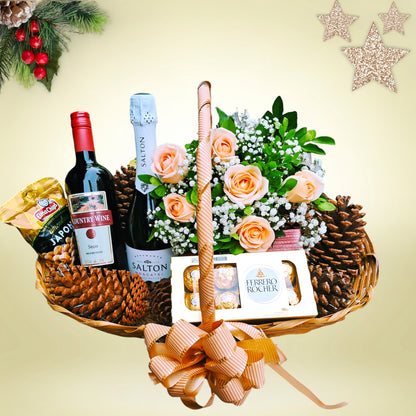 Cesta Premium c/ Rosas. Vinho e chocolate