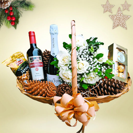 Cesta Premium c/ Rosas. Vinho e chocolate