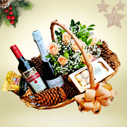 Cesta Premium c/ Rosas. Vinho e chocolate