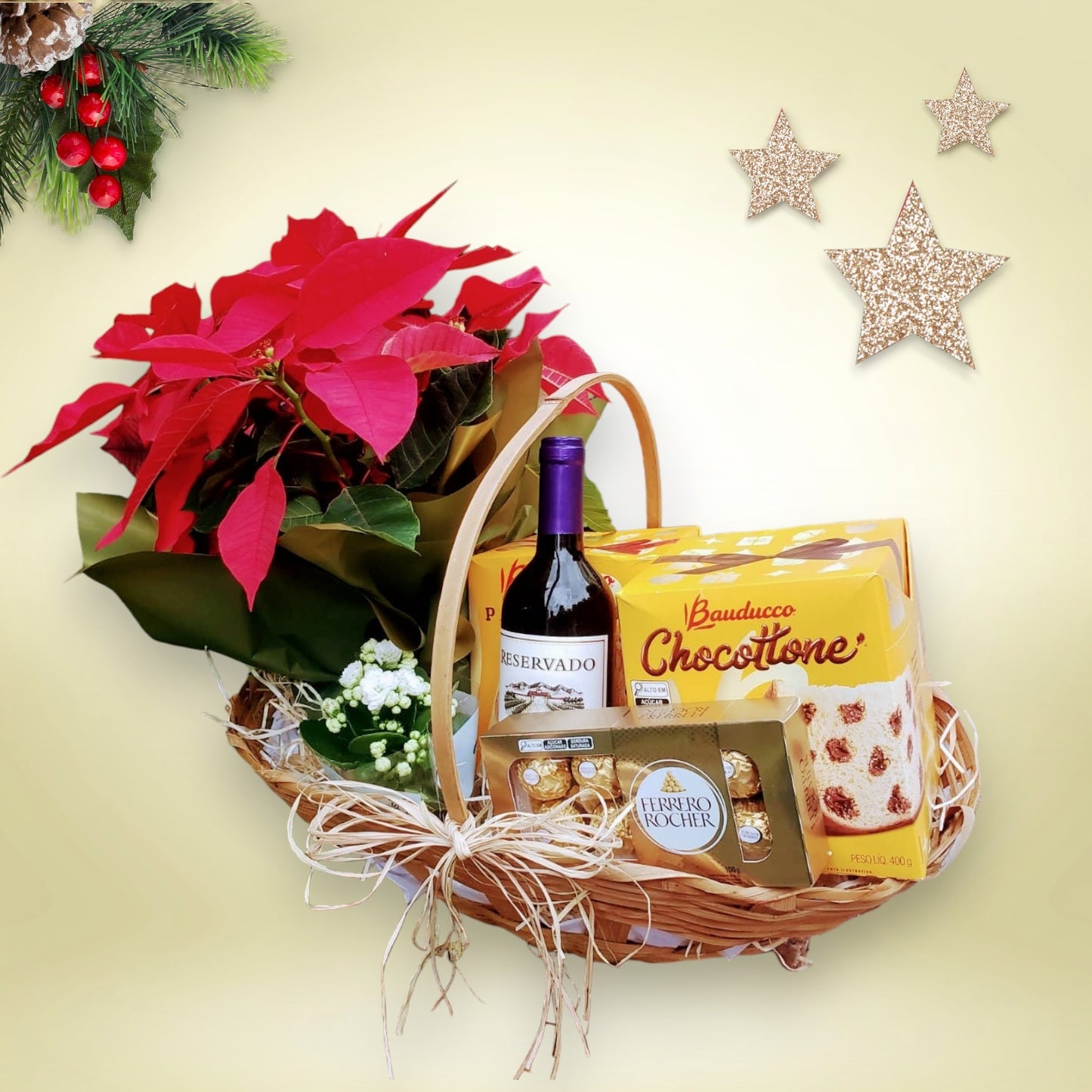 Cesta de presente com flores Premium Natal - Sodel Flores