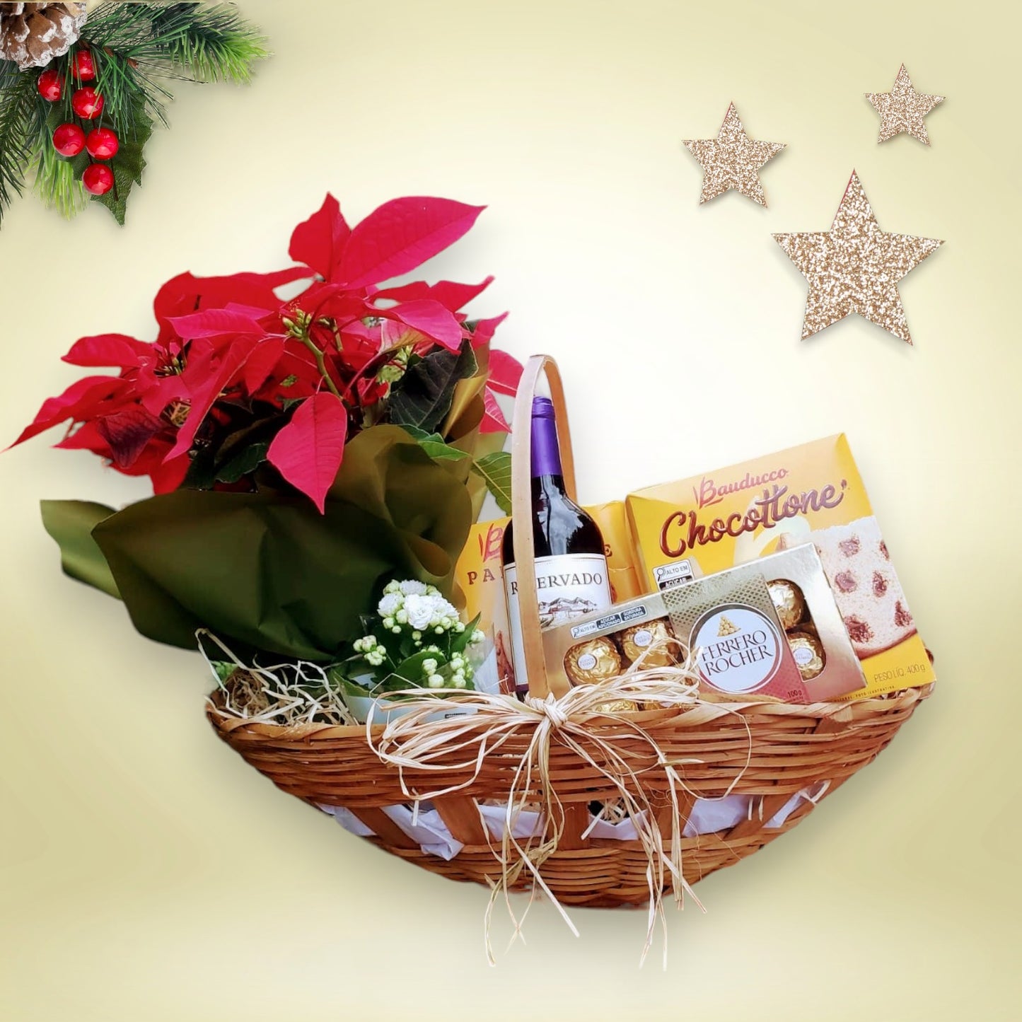 Cesta de presente com flores Premium Natal - Sodel Flores