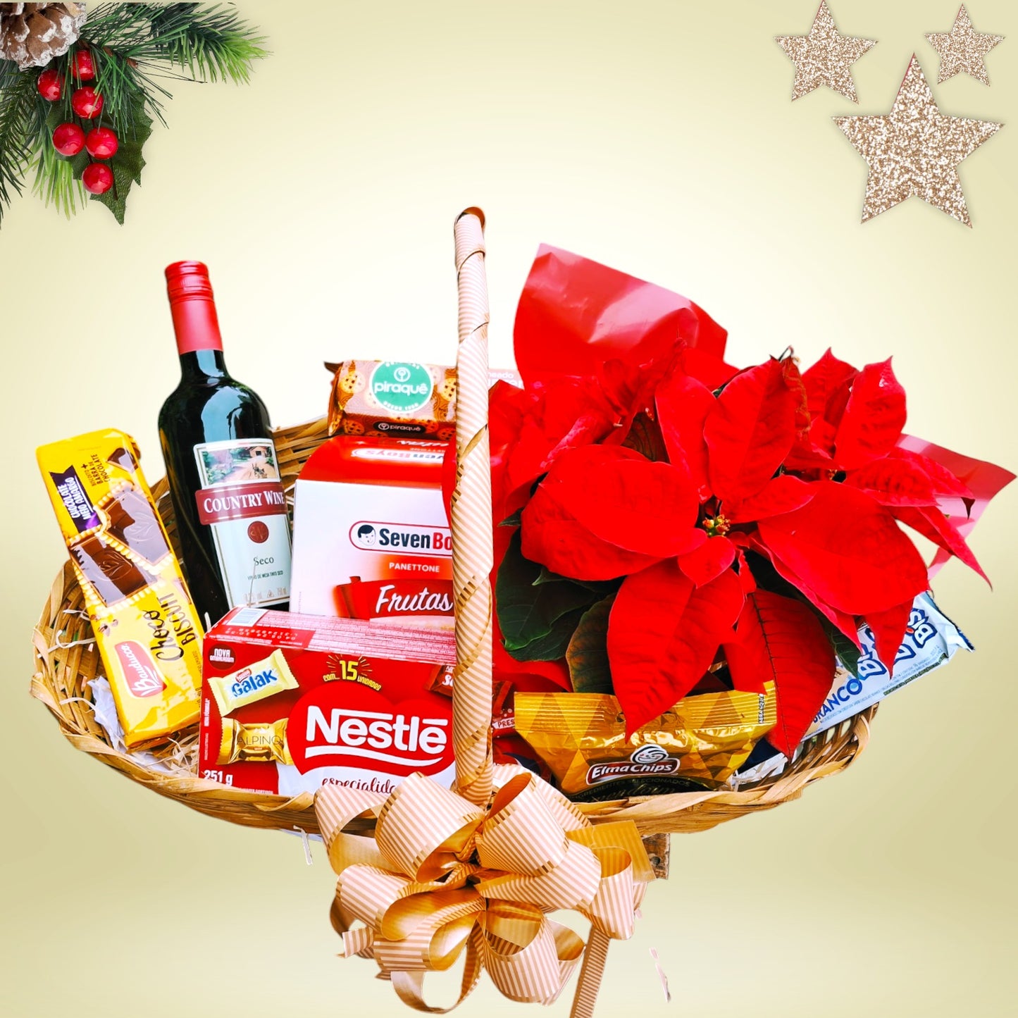 Cesta de natal c/ vinho, flores, panettone, chocolates e biscoitos.