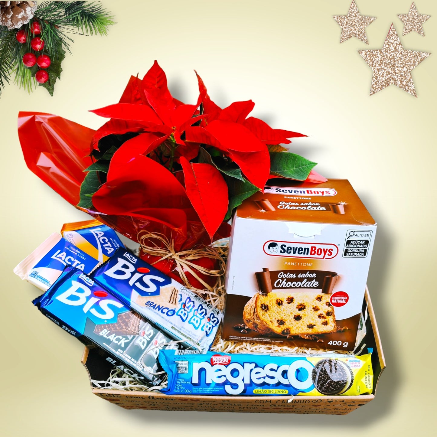 Cesta de presente c/ chocolate, flores e panetone